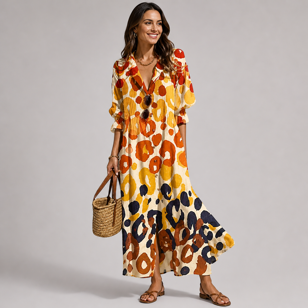 Casual bohemian printed maxi dress for women, featuring a button front & flowy long sleeves. Ideal vacation style.