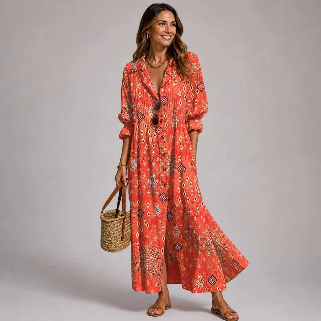 Women's printed bohemian maxi dress, button-front, long sleeve V-neck. Beautiful pattern, great for summer fashion.