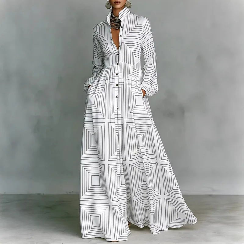 Bohemian printed maxi dress for women, with long sleeves & flowy skirt, perfect for casual spring/summer wear.