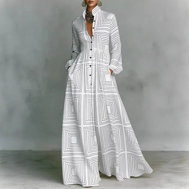 Bohemian printed maxi dress for women, with long sleeves & flowy skirt, perfect for casual spring/summer wear.
