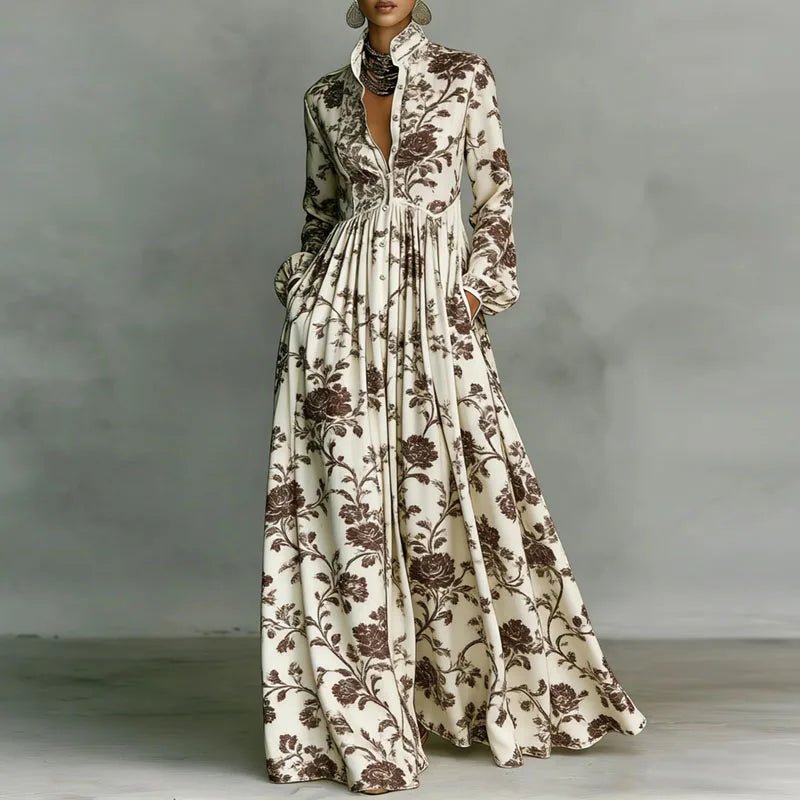 Women's bohemian long sleeve maxi dress, high waist, stand collar, button front & vibrant print detail.