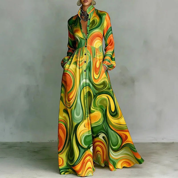 Flowy printed long sleeve maxi dress for women, bohemian style, high waist, comfortable & chic design.