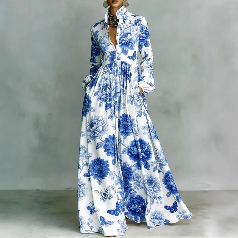 Effortless women's printed maxi dress with long sleeves, high waist & bohemian design for spring/summer.