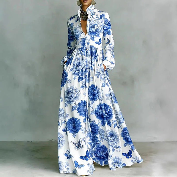 Effortless women's printed maxi dress with long sleeves, high waist & bohemian design for spring/summer.