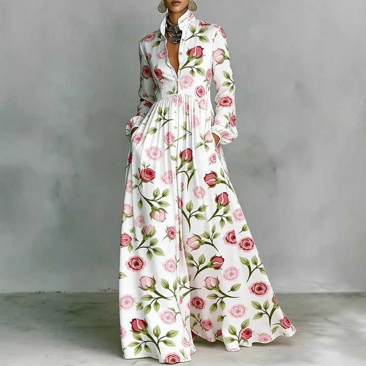 Comfortable long sleeve printed maxi dress for women, bohemian flowy style, perfect for everyday or travel.