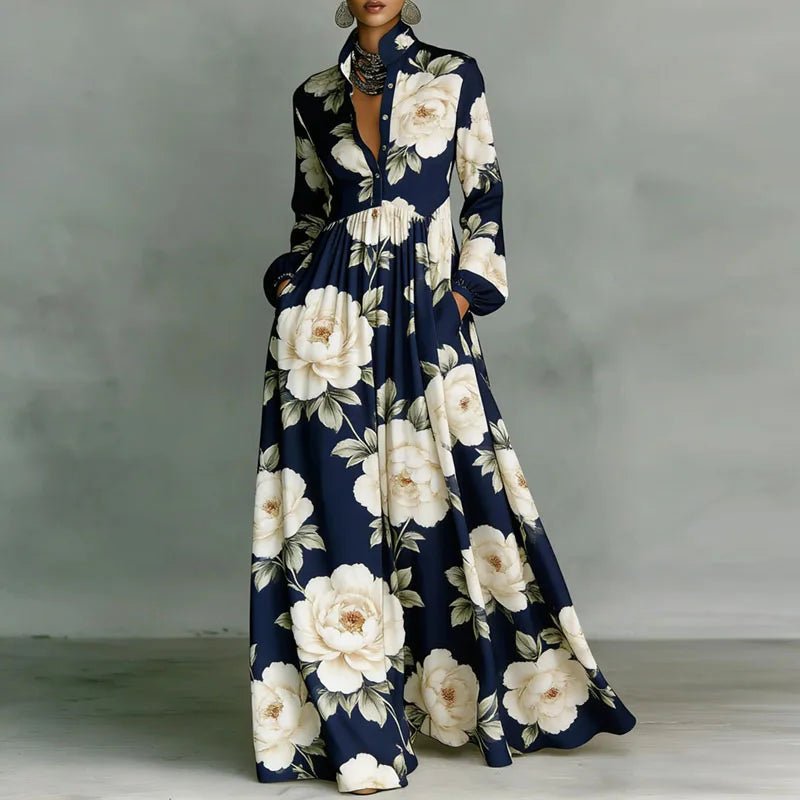 Women's bohemian printed maxi dress, featuring long sleeves, high waist, and elegant stand collar detail.