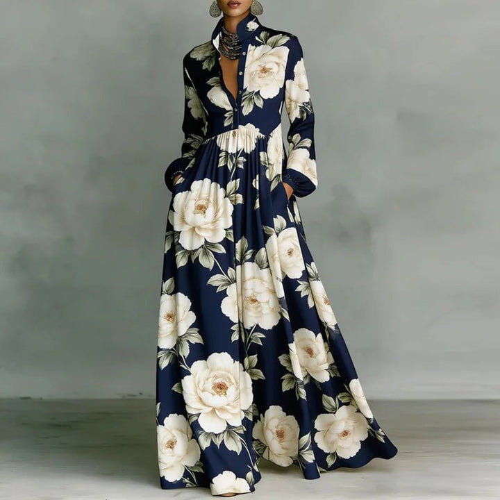 Women's bohemian printed maxi dress, featuring long sleeves, high waist, and elegant stand collar detail.