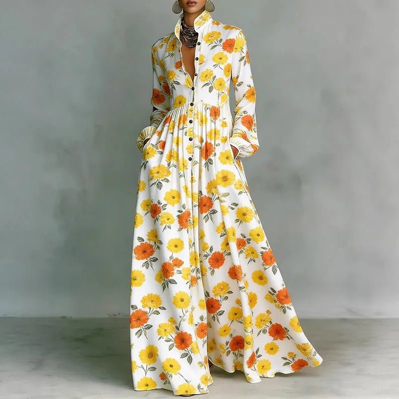 Summer-ready bohemian printed maxi dress for women, long sleeve, flowy, casual vacation outfit.
