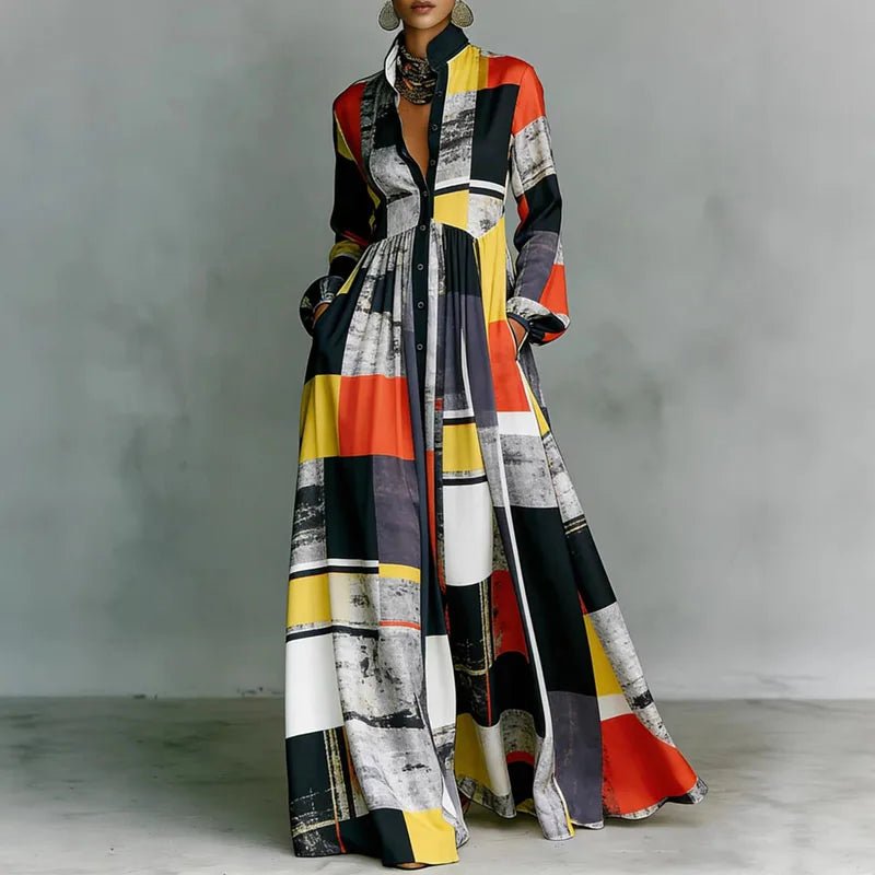 Stylish women's long sleeve printed maxi dress, high waist, bohemian flair, perfect for any casual event.