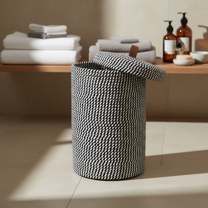 Boho handwoven storage basket with lid, natural beige textile, for home organization