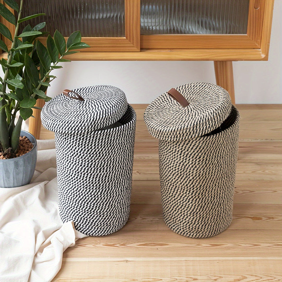 Round lidded handwoven storage basket, textile, boho home decor, organizes small items