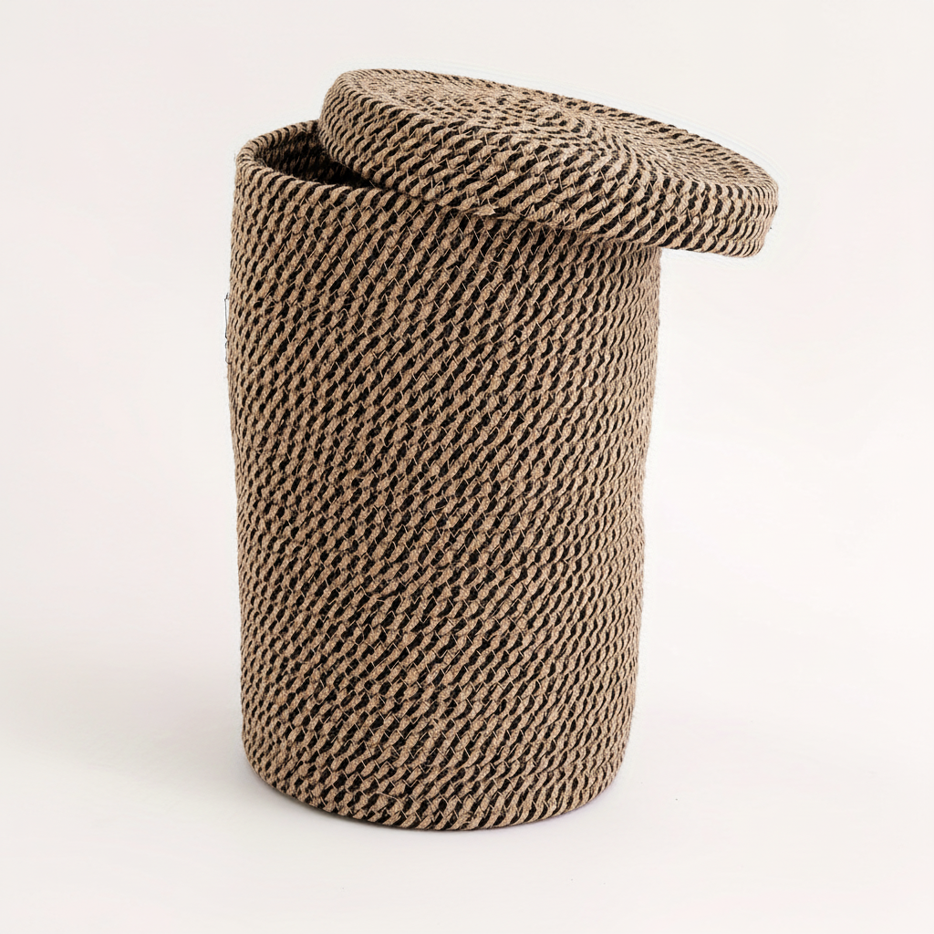 Boho textile storage basket with lid, handwoven, functional and decorative for any room