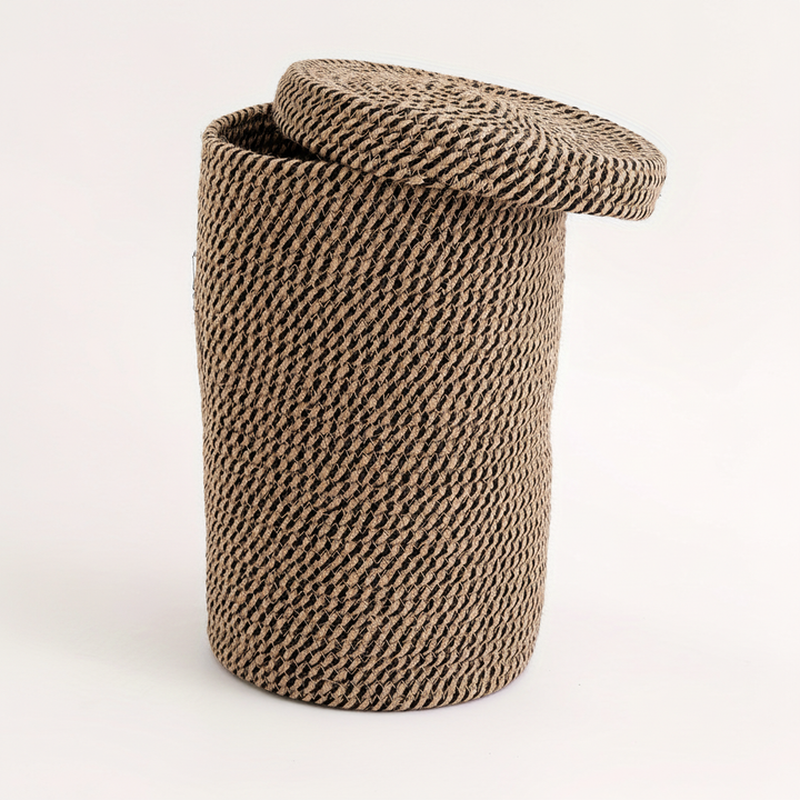 Boho textile storage basket with lid, handwoven, functional and decorative for any room