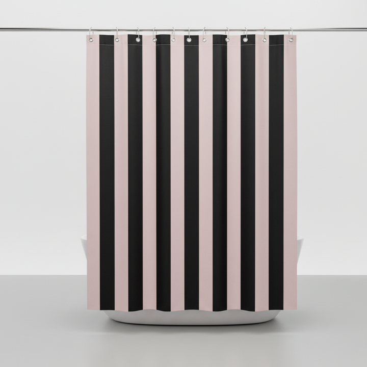 Backside view of the water repellent boho striped fabric shower curtain, ensuring functionality