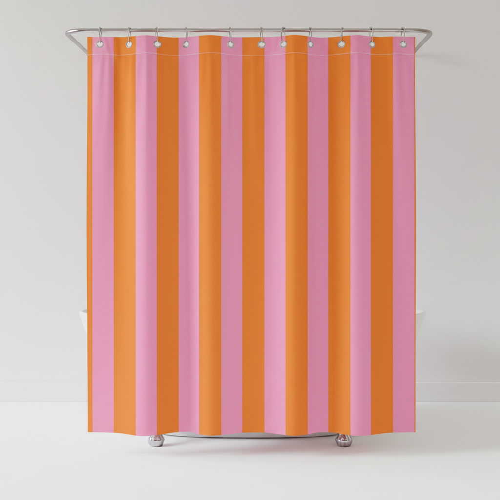 Stack of folded boho striped fabric shower curtains, highlighting the soft fabric and trendy modern bath stripes