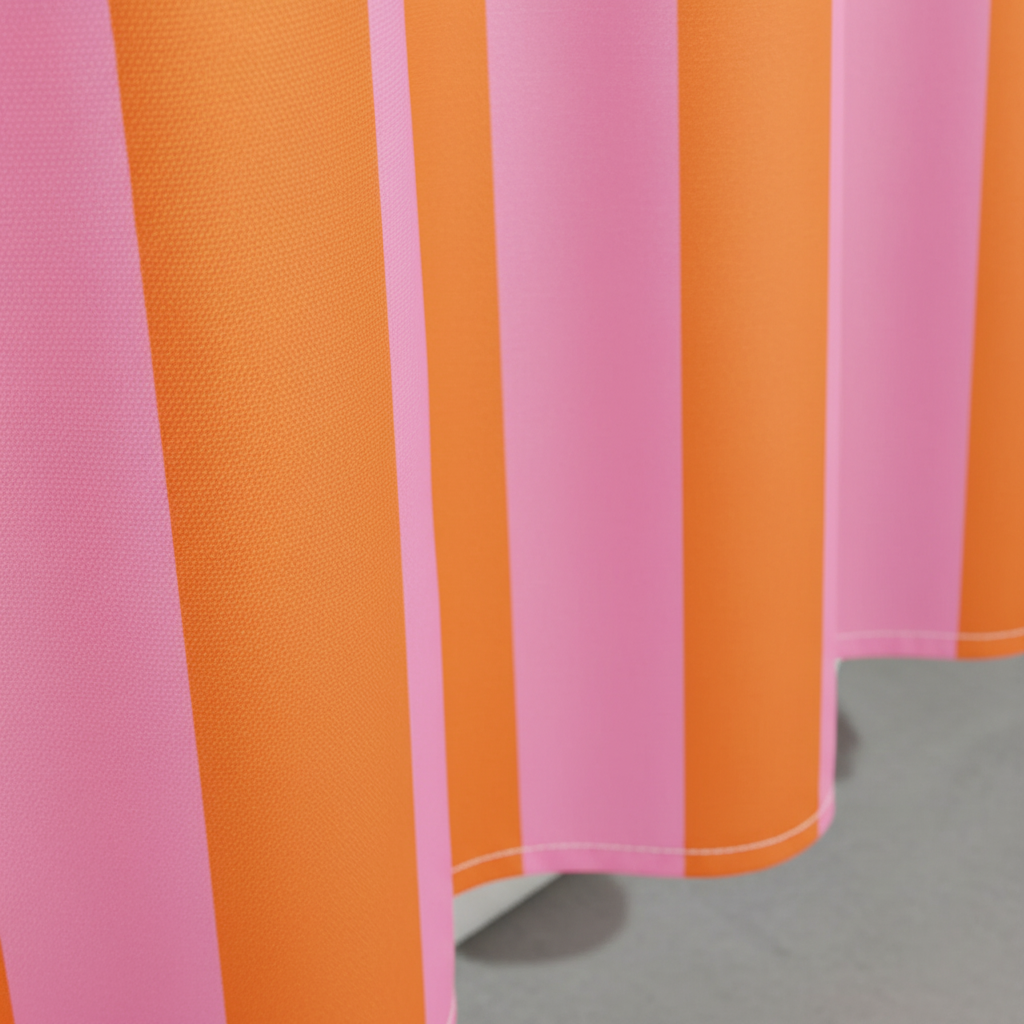 Close-up of the textured fabric of a boho striped shower curtain in neutral tones, showing quality