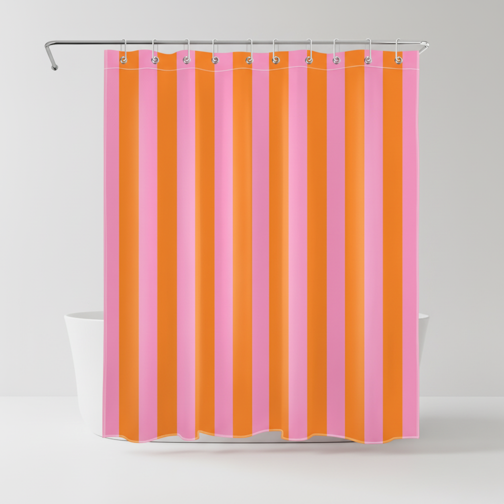 Lifestyle shot of a boho striped shower curtain in a bright, contemporary bathroom setting, home decor