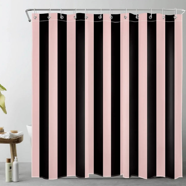 Waterproof striped shower curtain for a contemporary bathroom, easy care fabric