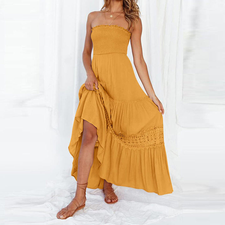 Elegant women's off-shoulder white lace maxi dress, a stylish boho beachwear option
