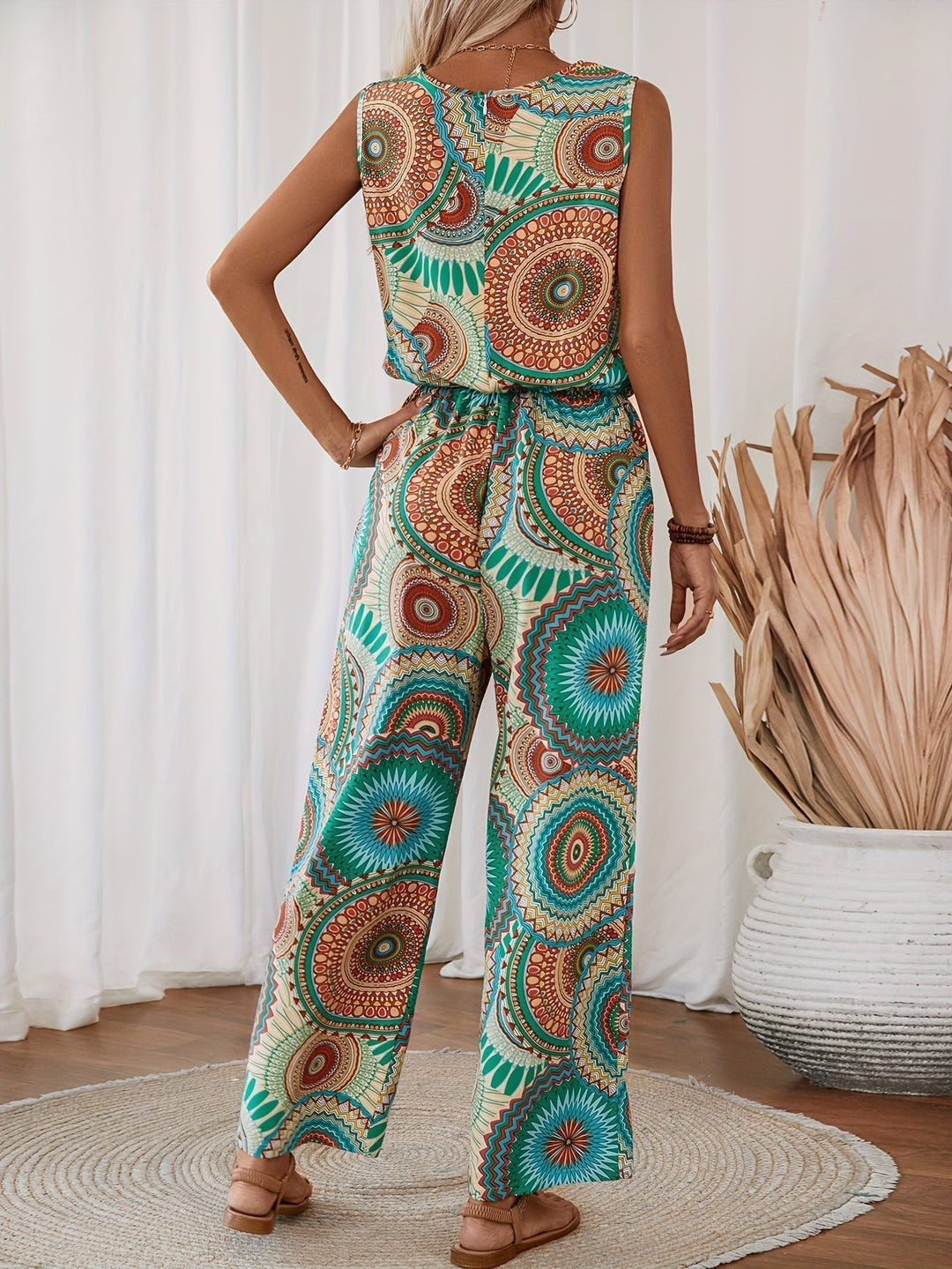 Lightweight polyester women's jumpsuit featuring a colorful mandala design for casual summer wear