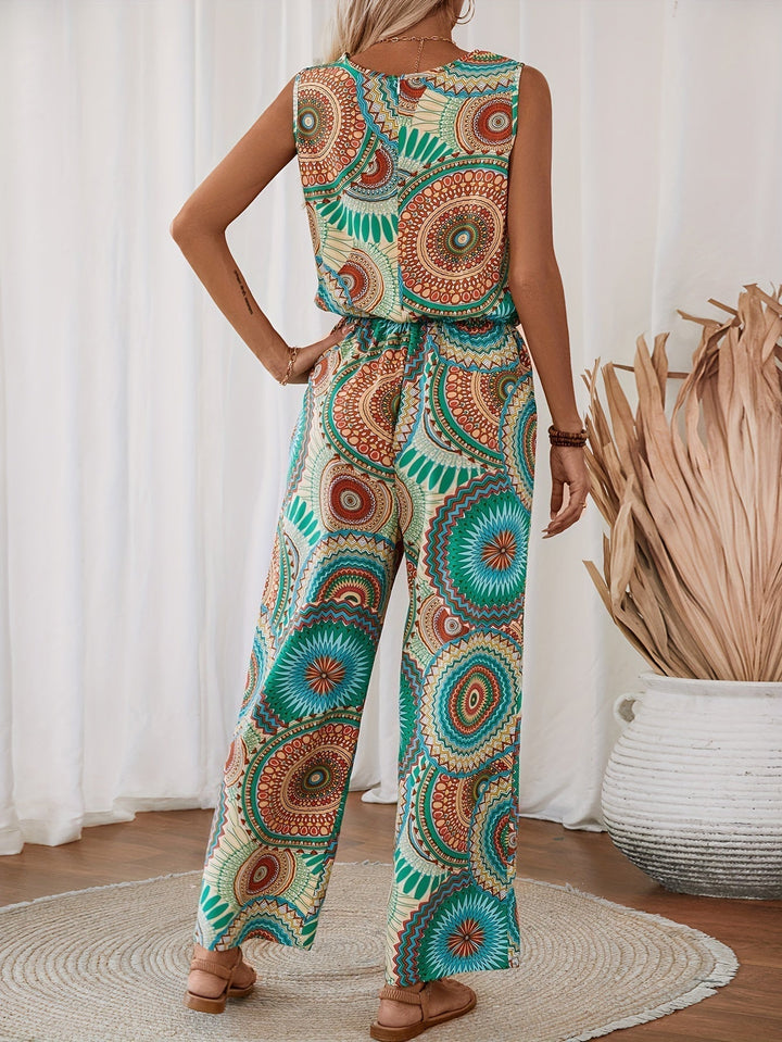 Lightweight polyester women's jumpsuit featuring a colorful mandala design for casual summer wear