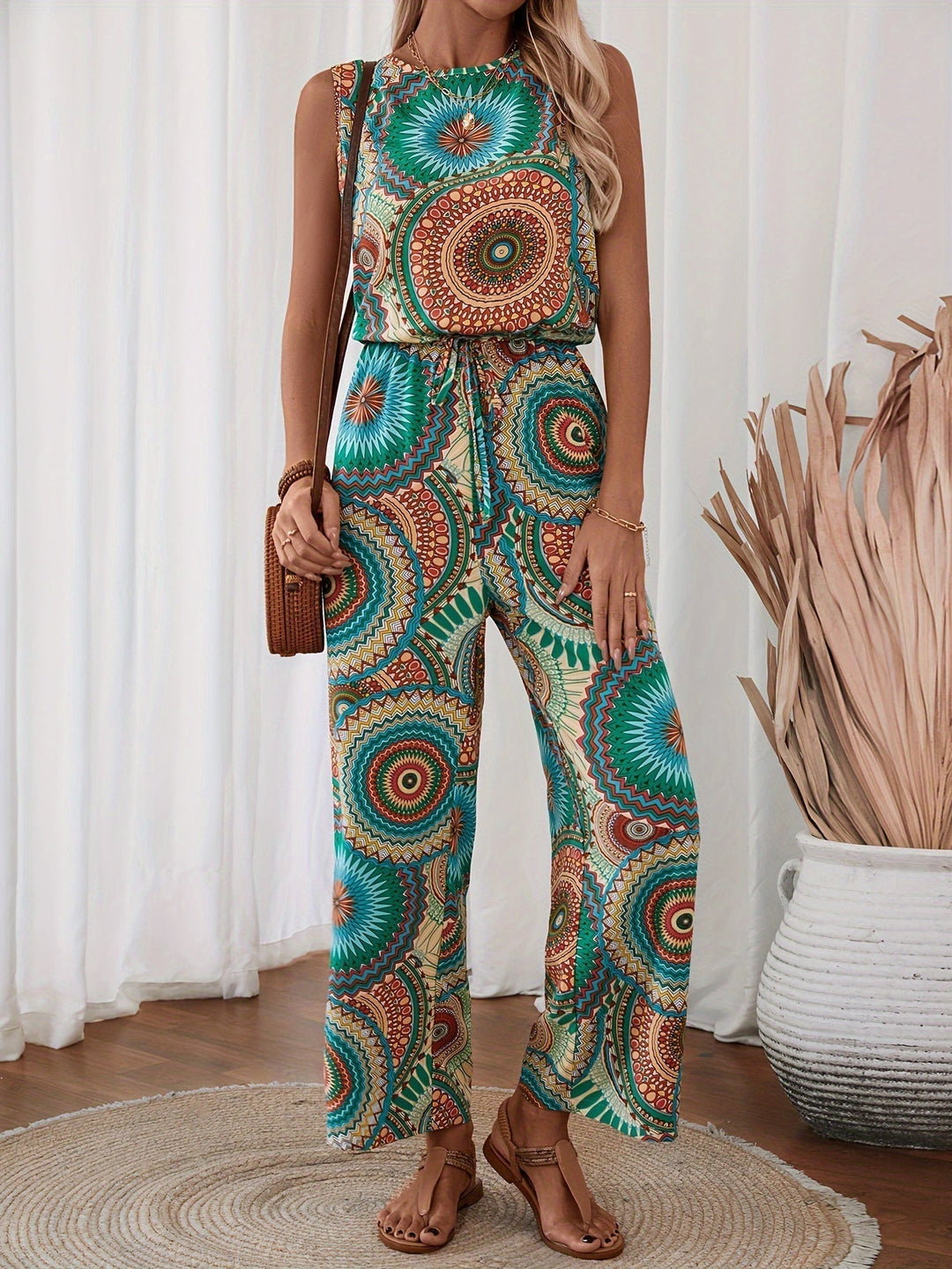 Casual women's sleeveless jumpsuit, ideal for vacation, adorned with a bold mandala print