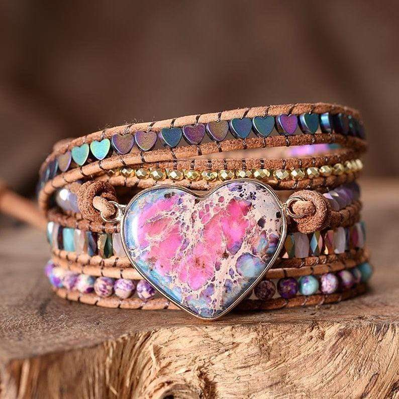 Boho womens natural jasper wrap bracelet, handmade with gemstone beads for protection and style