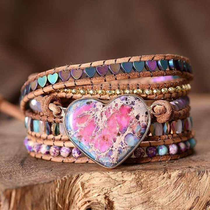 Boho womens natural jasper wrap bracelet, handmade with gemstone beads for protection and style