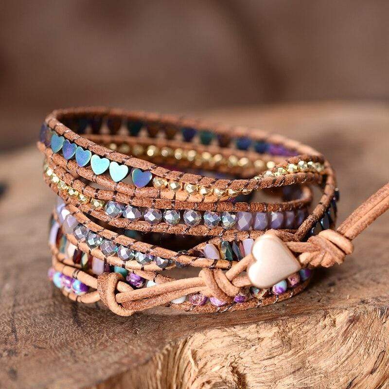 Close-up of a women's natural jasper wrap bracelet, detailed with unique gemstone patterns, perfect for boho jewelry lovers