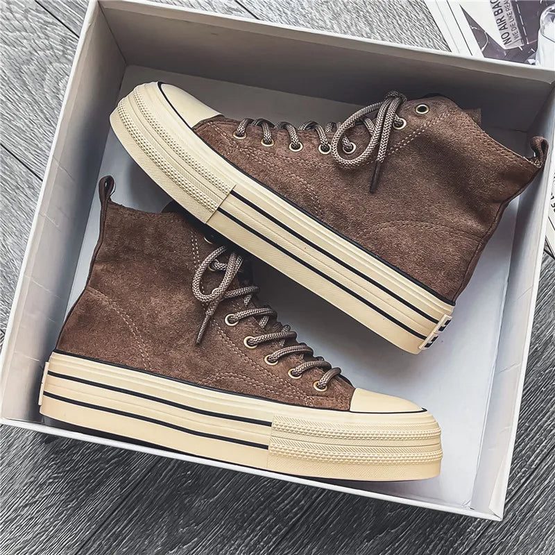 Bold unisex platform high top sneakers in desert sand, perfect for elevated casual streetwear.