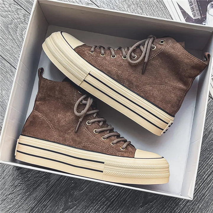 Bold unisex platform high top sneakers in desert sand, perfect for elevated casual streetwear.