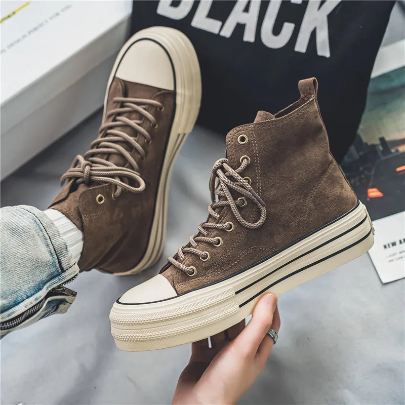 Trendy mocha platform high top sneakers with elevated style, ideal for fashion-forward men and women.