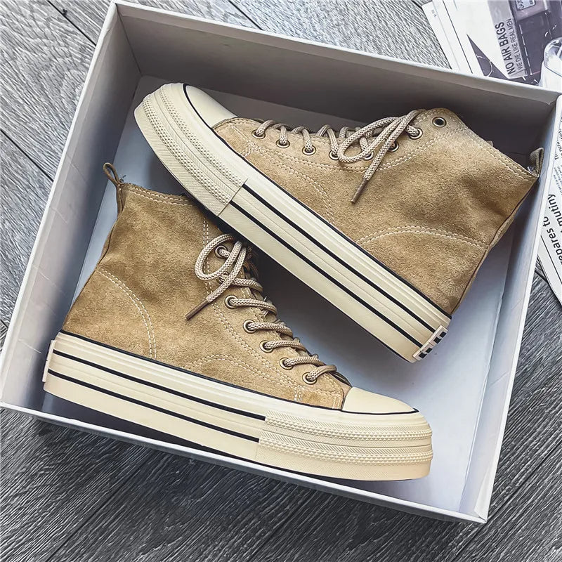 Mocha platform high top sneakers, a trendy unisex choice for bold casual or elevated streetwear.