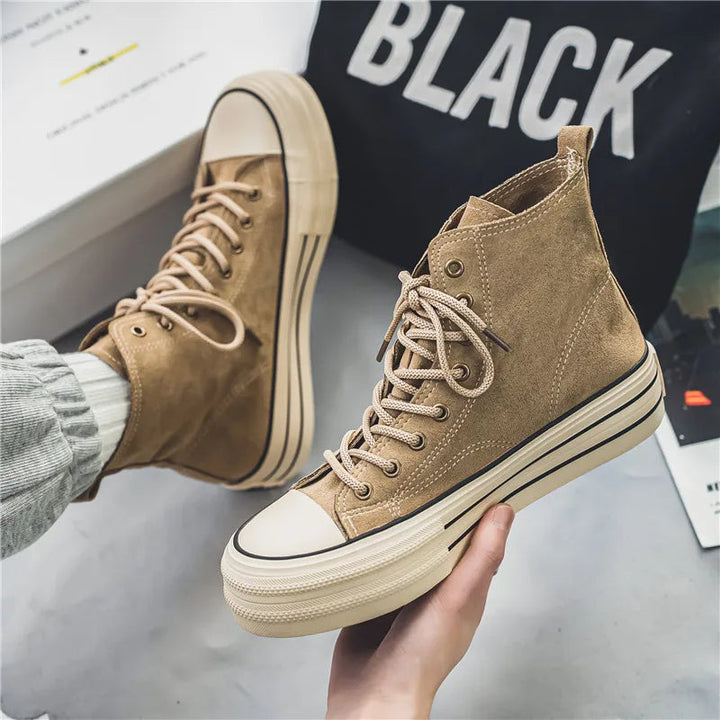 Desert sand bold platform high top sneakers, comfortable and stylish for modern unisex fashion.