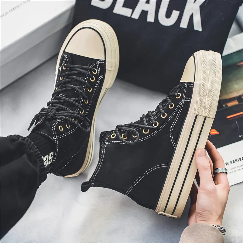 Elevated style bold platform high top sneakers for trendy unisex streetwear.