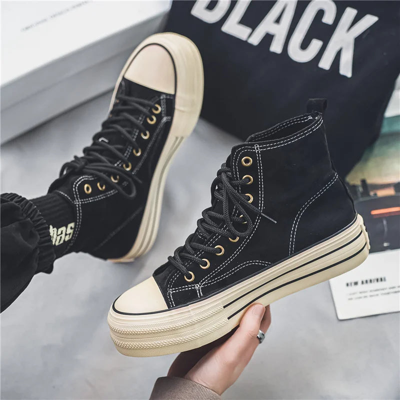Comfortable bold platform high top sneakers, a trendy lace-up design for unisex casual wear.
