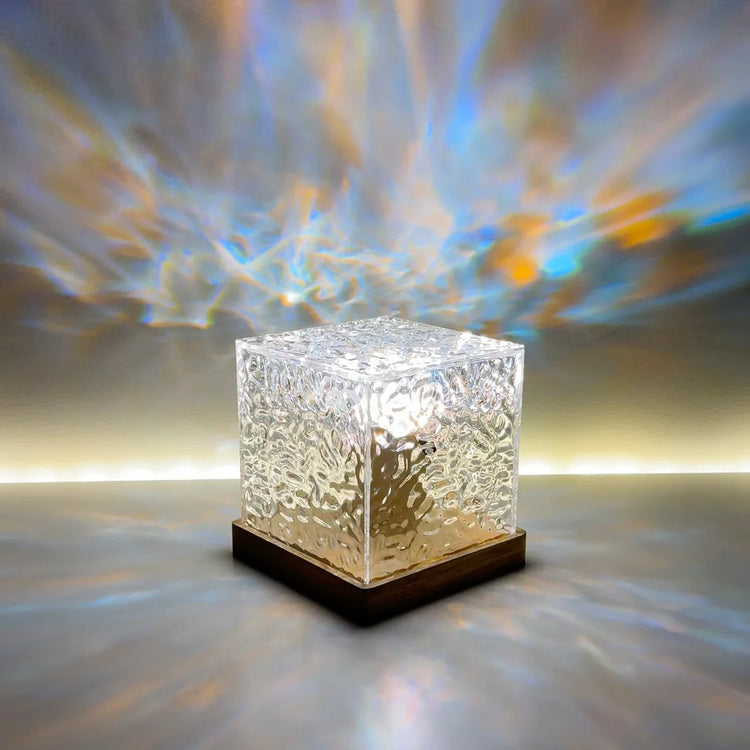Product shot of Borealis Cube Northern Lights Prism Lamp, ideal for unique home decor