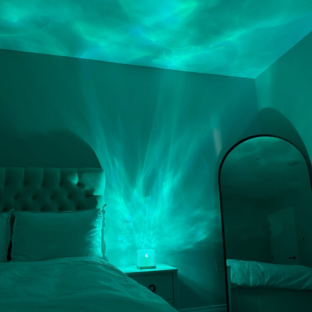 Northern Lights Prism Lamp on a bedside table, creating a serene mood lighting ambiance