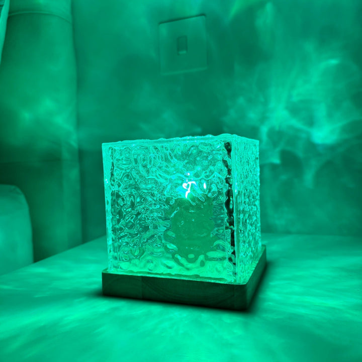 Borealis Cube home decor piece, displaying a dynamic northern lights show