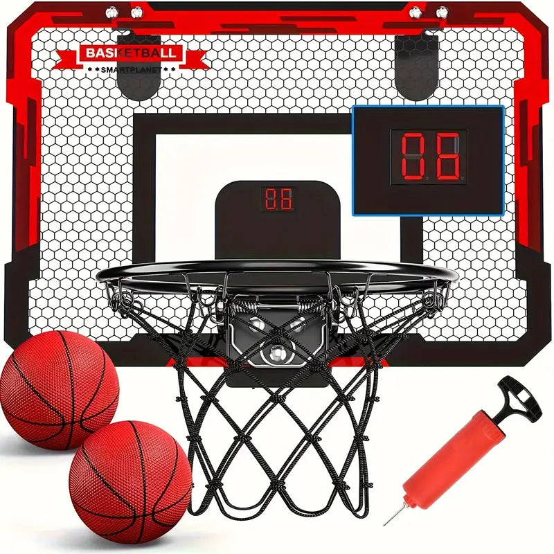 Kids' mini basketball hoop featuring an electronic scoreboard & door mount for easy setup.