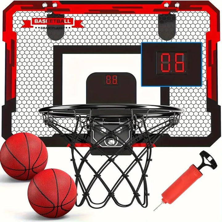 Kids' mini basketball hoop featuring an electronic scoreboard & door mount for easy setup.