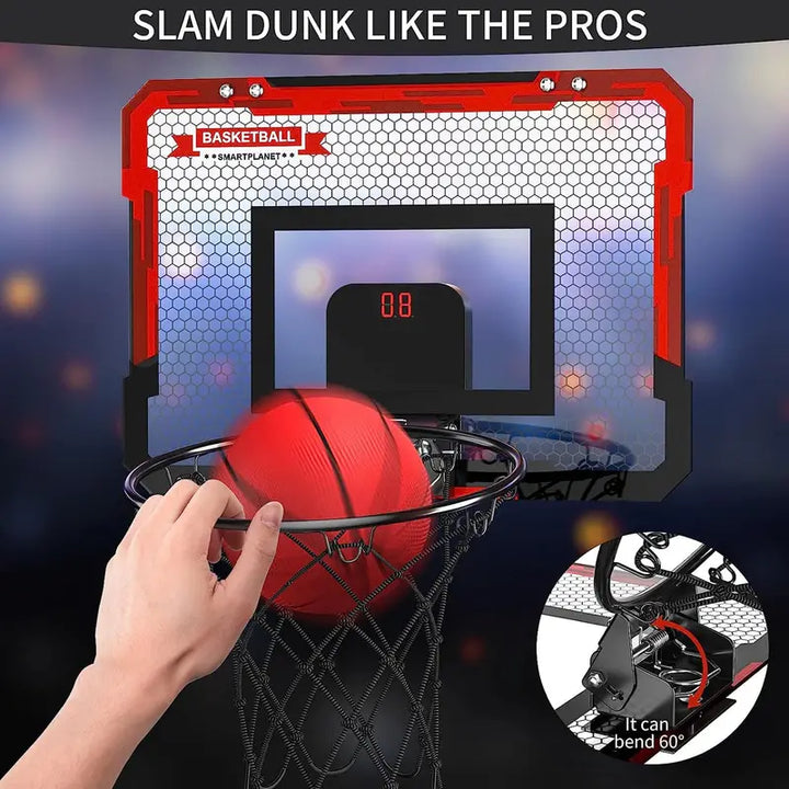 Indoor/outdoor mini basketball hoop with an electronic scoreboard for active kids' play.