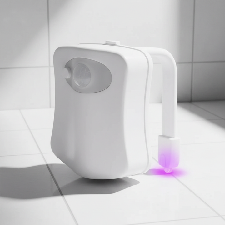 Automatic LED toilet bowl illuminator, BowlBeam, for improved night-time bathroom safety