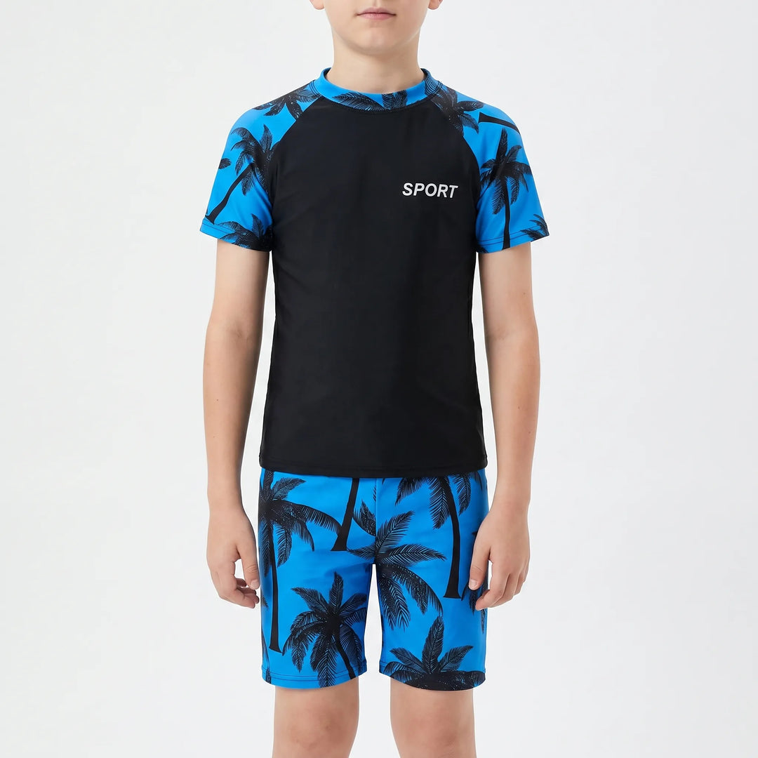 Comfortable kids' swim set: active rash guard top & drawstring shorts for summer beach fun & water sports.