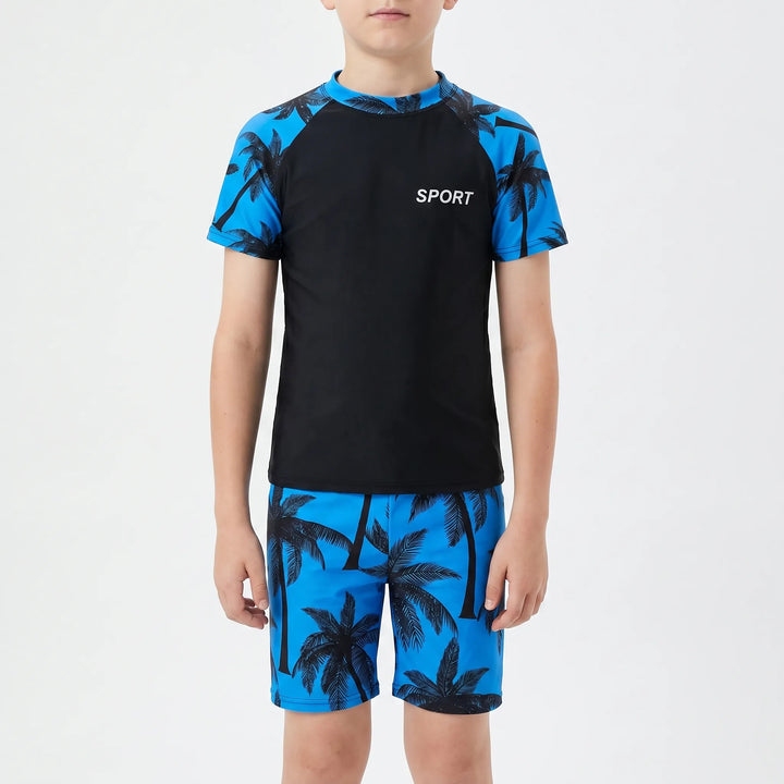 Comfortable kids' swim set: active rash guard top & drawstring shorts for summer beach fun & water sports.