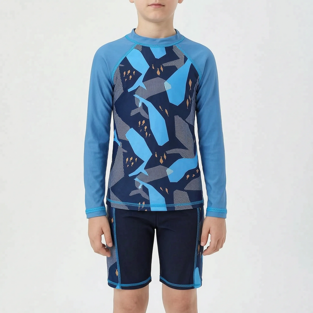 Boys' secure fit two-piece rash guard set, offering sun-conscious design for active youth swimwear.