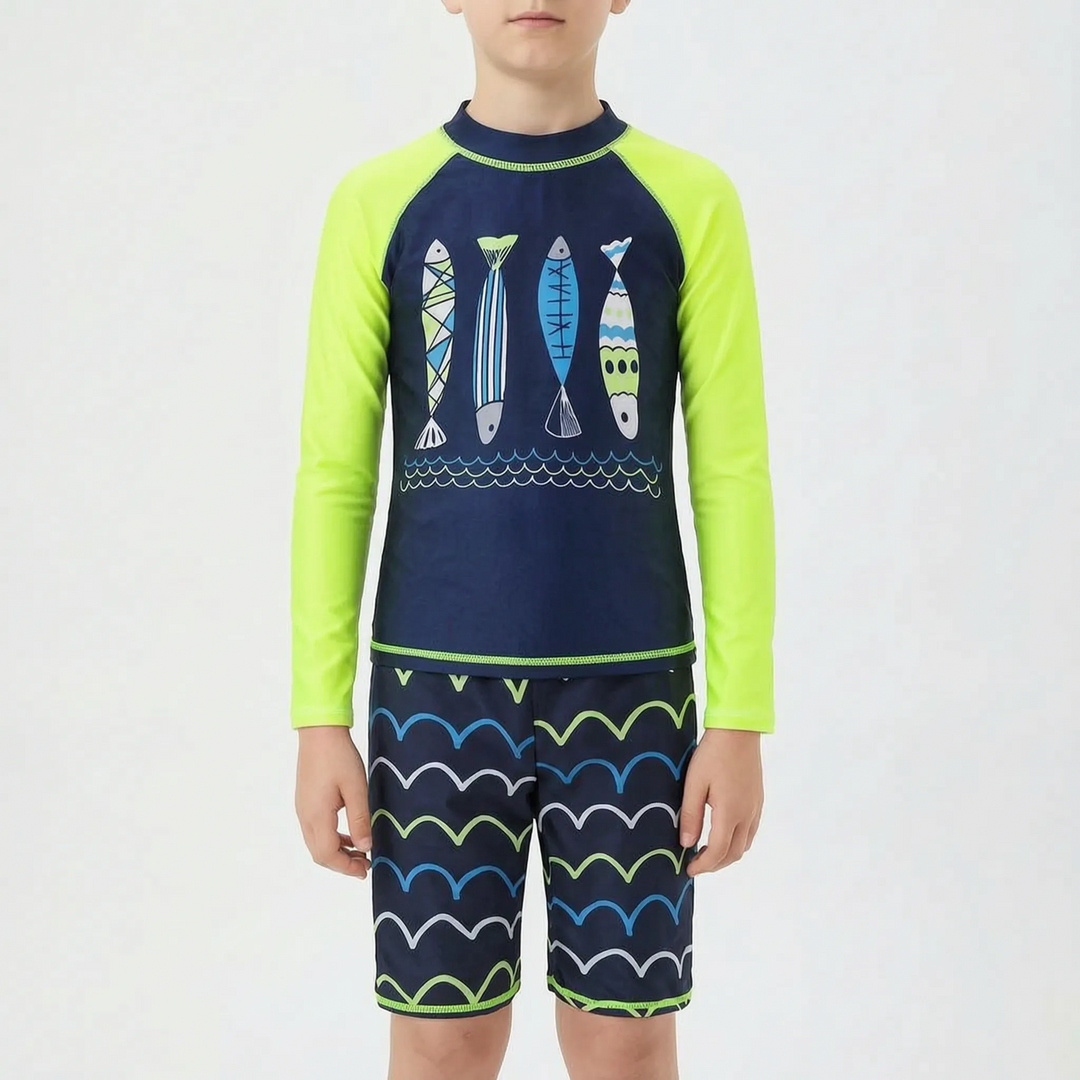 Complete boys' summer outfit: rash guard swim top and quick-dry drawstring shorts for active kids.