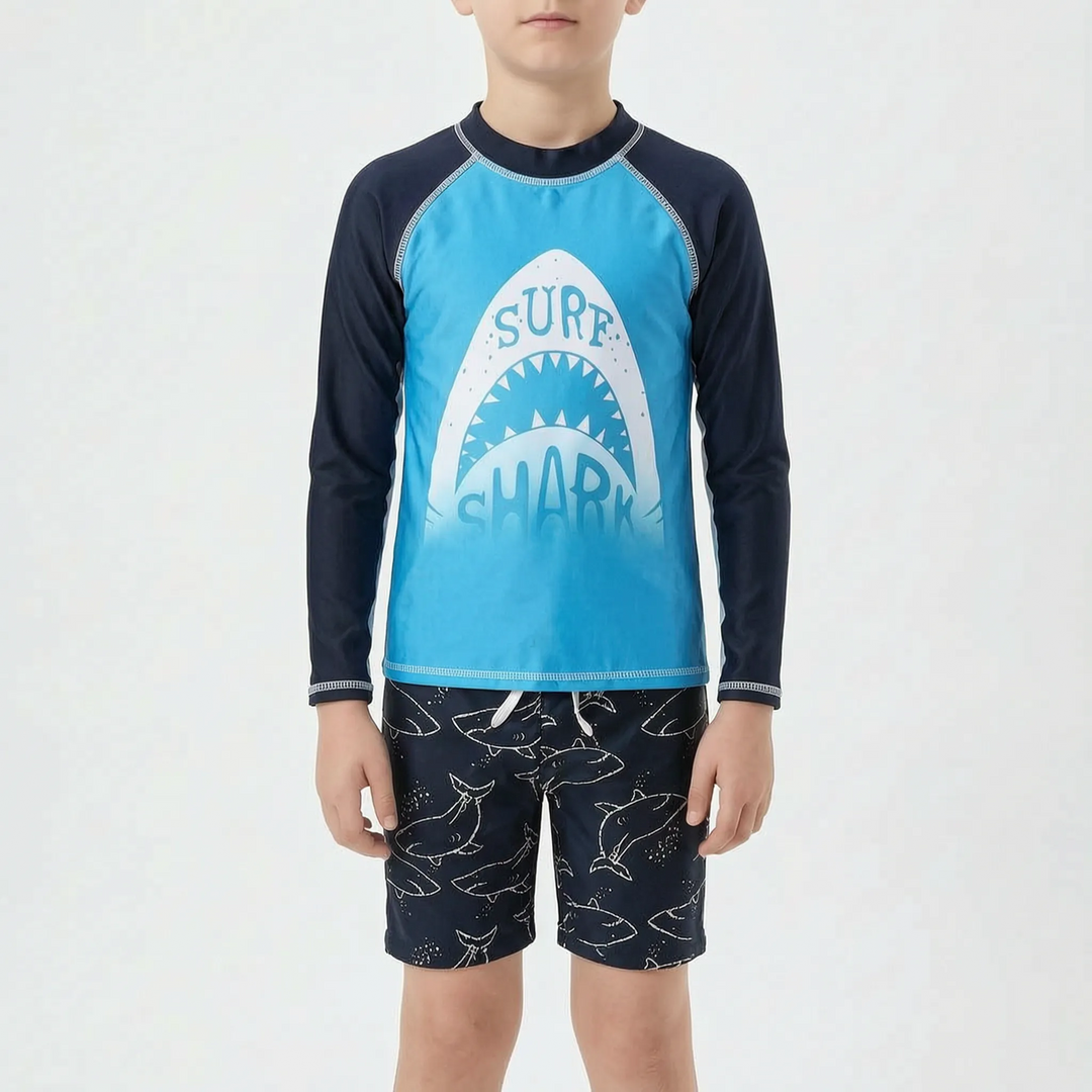 Active boys' swimwear set with rash guard & comfortable shorts, perfect for pool or beach day fun.