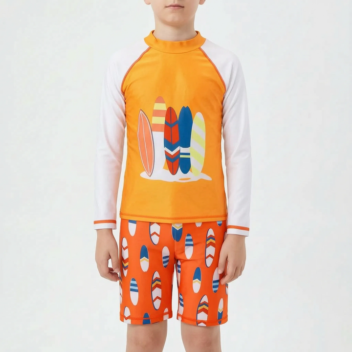 Childrens clothing: two-piece boys' rash guard set for swimming, sun protection, and all water activities.