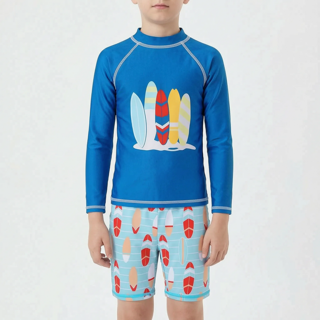 Versatile boys' active rash guard and swim shorts combo, ideal youth beachwear for summer adventures.